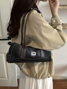 Women's Vintage Faux Leather Bowling Handbag, Silver Square Metal Decoration, Large Capacity Vintage Shoulder Bag, Suitable For Daily Commute And Travel - Black - View 3