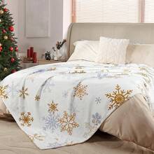 1pc Christmas Gold & Silver Snowflake Digital Print Flannel Blanket - Modern Style, Soft & Comfortable Polyester Knit Fabric For All Seasons, Multi-Purpose, Suitable For Sofa, Bed, Travel, Camping, Chair, Gift Blanket - White - View 7
