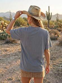 Vintage Cowboy Print Washed Cotton T-Shirt - Grey - View 3