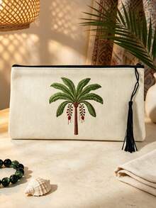 Beige Canvas Zipper Makeup Bag,Printed With Coconut Tree Patterns, Paired With Tassels, Can Be Used As Toiletry Bag,Travel Storage Bag,Stationery Bag - Multicolor - View 4
