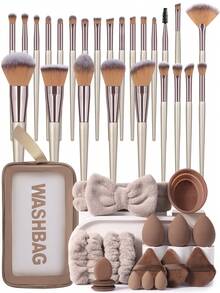17/25/42Pcs Complete Cosmetic Tool Kit,25Pcs Soft Synthetic Makeup Brushes For Face & Eye Makeup, Assorted Soft Makeup Sponges, Multi‑Shape Powder Puffs, Brush Washing Bowl, Cosmetic Carry Pouch And Facial Headbands, Versatile Accessories For,Powder - Brown - View 1
