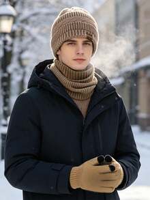 3PCS Autumn/Winter Knitted Hat, Scarf And Touchscreen Gloves Set, Unisex, Cold-Proof Ear-Covering Woolen Hat Set, Suitable For Daily Wear - Multicolor - View 4