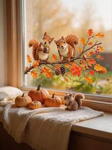 Maple Branch, Squirrel, Pine Cone Window Stickers - Self-Adhesive Decals, Autumn Decor, Halloween Decor, Suitable For Autumn Thanksgiving Decor, Halloween Home Decor - Multicolor - View 2