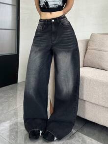 1pc Women's Fashionable Casual Loose Fit Embroidered Multi-Pocket Black Denim Wide Leg Jeans, Versatile For All Seasons (Belt/Accessories Not Included) - Black - View 2