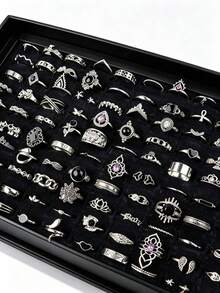 20件/套哥德式復古銀黑寶石戒指，波希米亞鏤空花卉雕刻疊戴戒指，女性日常派對珠寶禮物 - 滴油黑石戒指 - 查看 2