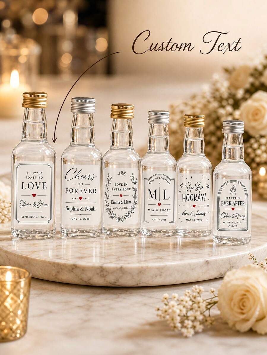 14/24/49pcs Personalized Customized Wedding Mini Bottle Labels, Custom Name & Date Self-Adhesive Stickers, Wedding Favors Gifts, Banquet Decor - Clear - View 1