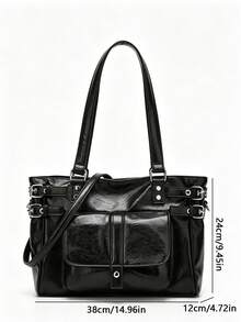 Women Tote Shoulder Bag Solid PU Leather With Metal Buckle Front Pocket Large Capacity Vintage Style For Women Daily Commute - Multicolor - View 6