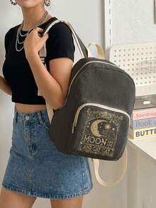 1PC Kitten‑Print Women Mini Backpack, Corduroy Girl School Bag, Travel Storage Bag, Large Capacity Foldable Lightweight Backpack, Multi‑Pocket Layered Design With Zipper Closure - Moon Kitten 22485 - View 3