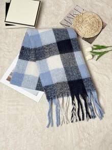 1pc Black & Grey Plaid Women's Scarf, Rectangular Tassel Scarf Suitable For Autumn/Winter Daily Use - Dogtail Navy Blue and White Plaid - View 3