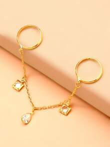 outingfit 1pc Water Drop Ring European & American INS Style Double Finger Chain Connected Ring Unique Design Fashion Hand Jewelry - Gold - View 2