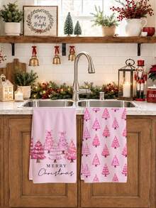 2pcs Pink Bow Christmas Tree Merry Christmas Text Kitchen Towels, 40*60cm Soft Microfiber Material Tea Towels, Suitable For Home Kitchen Restaurant Outdoor Camping Tabletop Cleaning Dish Cloth Hand Towel Accessories, Cute Christmas Theme Kitchen Towels Holiday Gift - Multicolor - View 4