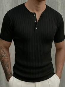 ZYNTH BALENO Men's Summer Ribbed Henley Neck Slim Fit Short Sleeve Sweater, Suitable For Outdoor Sports And Gym Workouts - Black - View 2