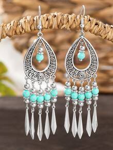 TopHanqi 3 Pairs Hollow Tassel Earrings Set, Faux Turquoise Water Drop Geometric Pendant Bohemian Vacation Earrings - Multicolor - View 3