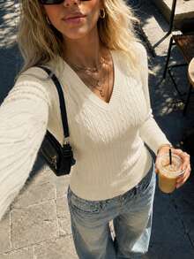 Women's Autumn/Winter Beige Cable Knit Sweater, V-Neck Long Sleeve Pullover, Slim Fit Ribbed Top, Soft Casual All-Match Versatile, Daily Wear - Beige - View 3