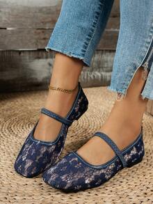 Women's Dark Blue Lace-Up Mary Jane Ballet Flats Square Toe Buckle Strap Casual Shoes - Navy Blue - View 2