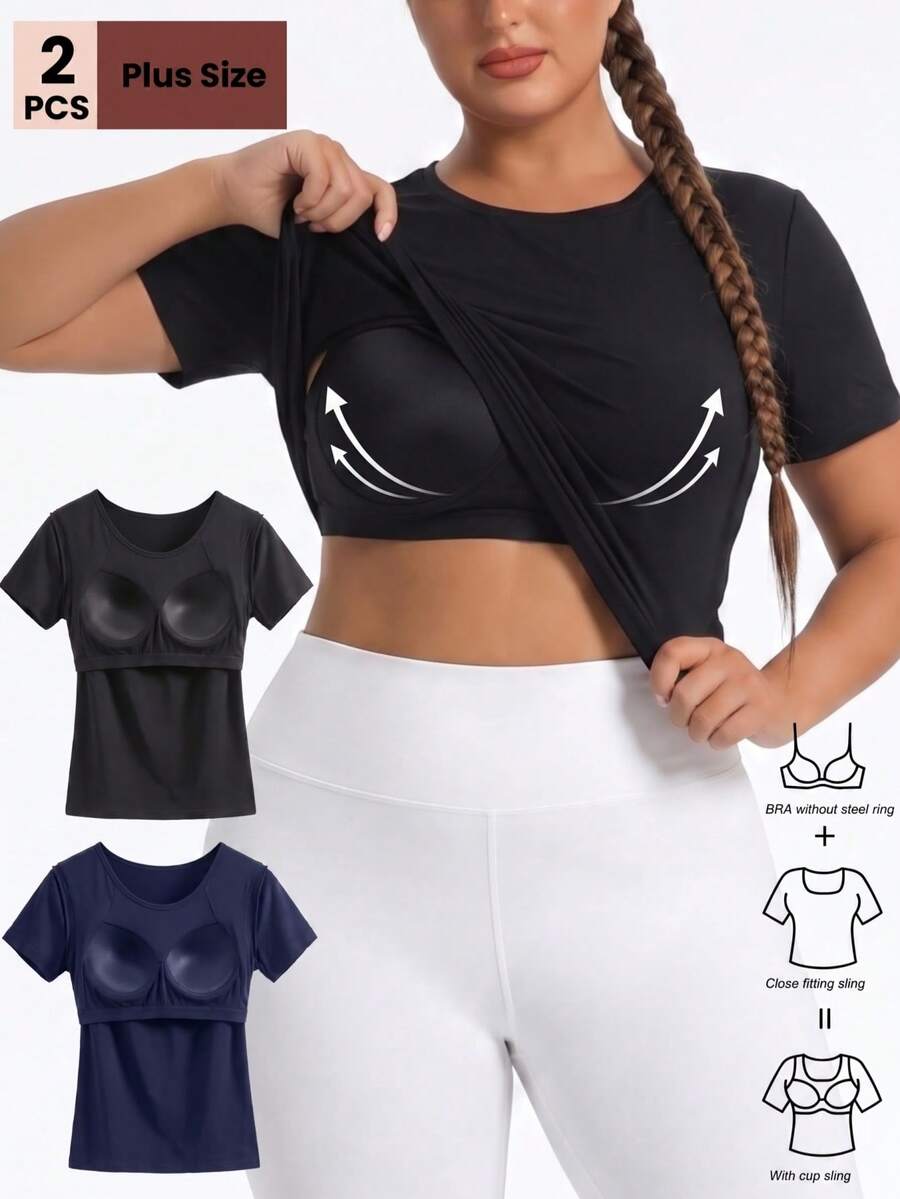 2pcs Kaos Lengan Pendek Wanita Ukuran Plus dengan Bra Terintegrasi, Tanpa Kawat dan Bantalan, Atasan Pakaian Olahraga untuk Gym, Lari, Yoga, Latihan, dan Aktivitas Luar Ruangan Musim Gugur - MultiWarna - View 1