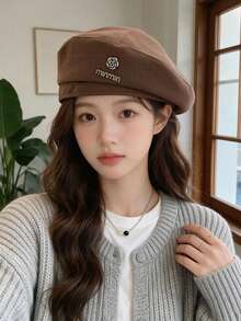 Women's Camellia Metal Logo Wool Beret, Autumn/Winter Vintage British Style Versatile Face-Slimming Painter Hat - Multicolor - View 5