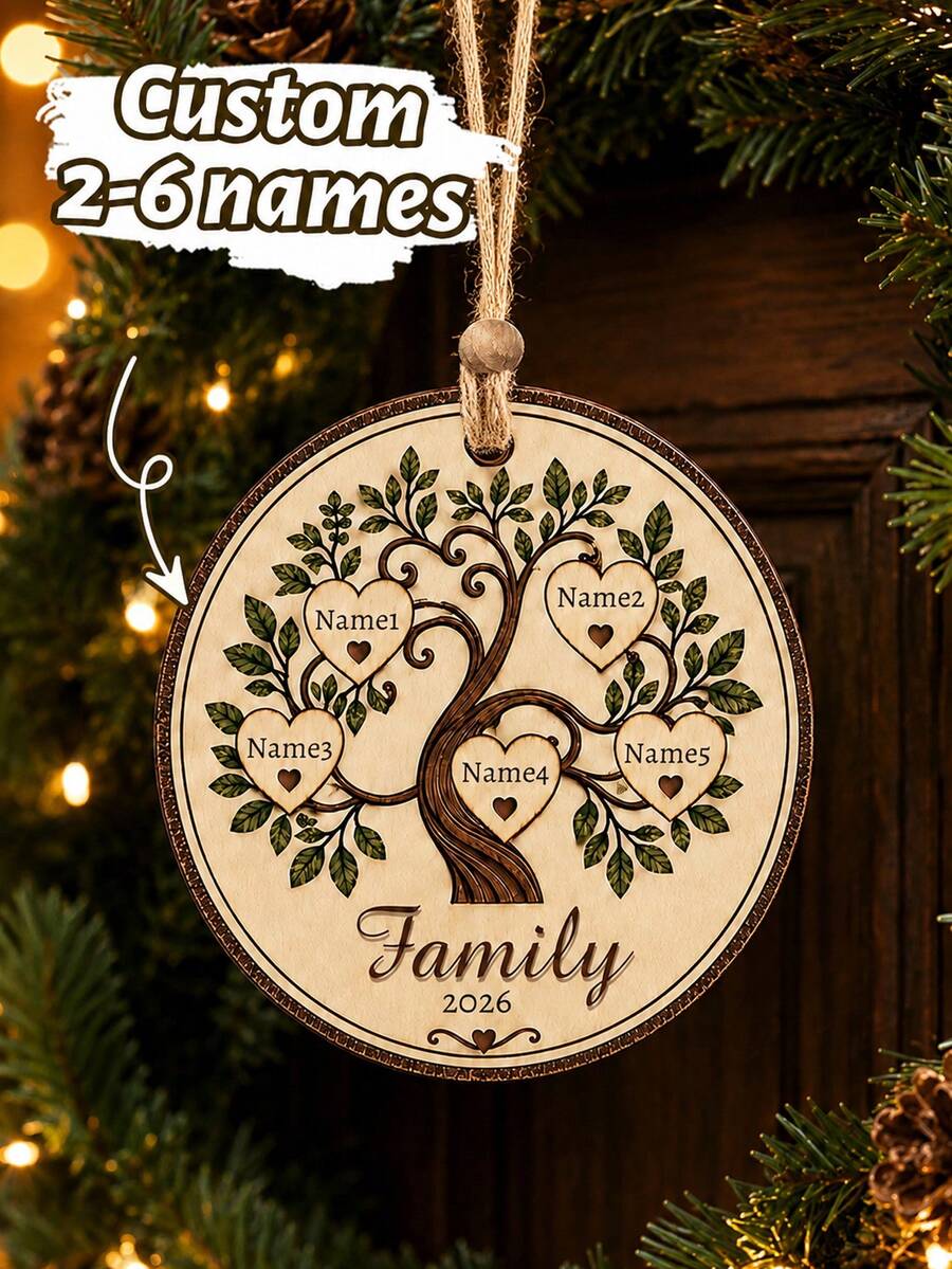 Ornamen Pohon Keluarga Bulat Kustom, Dekorasi Gantung Pohon Natal yang Dipersonalisasi, Aksen Dinding Liburan Bergaya Pedesaan, Kenang-kenangan Keluarga dengan 2-6 Nama yang Dapat Disesuaikan, Ornamen Natal 2026 yang Dapat Disesuaikan, Dekorasi Rumah Meriah, Hadiah yang Mengharukan untuk Keluarga & Teman - Gaya B - View 1