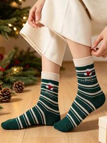 5 Pairs Women's Vintage Christmas Style Mid-Calf Socks, Santa Claus & Christmas Tree Jacquard, Striped Color Block, Autumn/Winter Holiday Student Socks - Multicolor - View 3