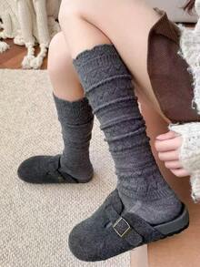 1 Pair Hollow Out Layered Leg Warmers Socks, Knitted Mid-Calf Socks, Sweet & Versatile White Socks For Autumn/Winter - White - View 7