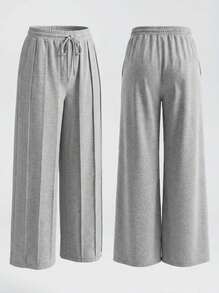 Never me Women's Sports Long Pants Yoga Pilates Loose Wide Leg Fit Elastic Waist Drawstring Design Side Pockets - Light Grey - View 2