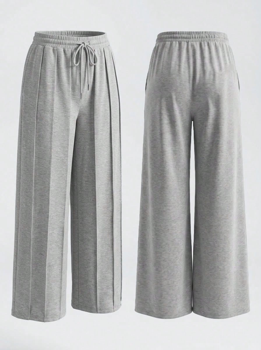 Never me Celana Panjang Olahraga Wanita untuk Yoga Pilates, Potongan Longgar dan Lebar, Pinggang Elastis, Desain Tali Serut, dan Saku Samping. - Light Grey - View 1