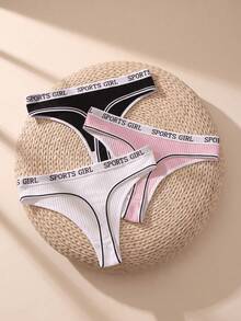 3pcs SPORTS GIRL Ribbed Cotton Women's Thong Panties, Elastic And Comfortable - Multicolor - View 3