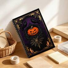 A5 Spiral Notebook, 100 Pages, 50 Sheets, 2D Flat Vintage Gothic Halloween Art, Jack Pumpkin, Black Crow, Golden Spider Web And Candle, Deep Purple-Black Background, Lined Writing Planner, For Daily Journaling, Classroom Notes, School And Office Use, Magic Dark Aesthetic Stationery Gift For Halloween Enthusiasts - N - View 4