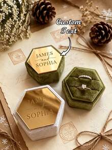 1pc Customized Hexagonal Velvet Ring Box, Dual Slot Gold Mirror Acrylic Ring Box, Personalized Name Engagement Proposal Gift, Wedding Anniversary Gift - Multicolor - View 2