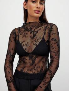 Women's Black Semi-Sheer Funnel Neck Lace Long Sleeve Knit Mid-Stretch Top, Fashionable Style Blouse - Black - View 3
