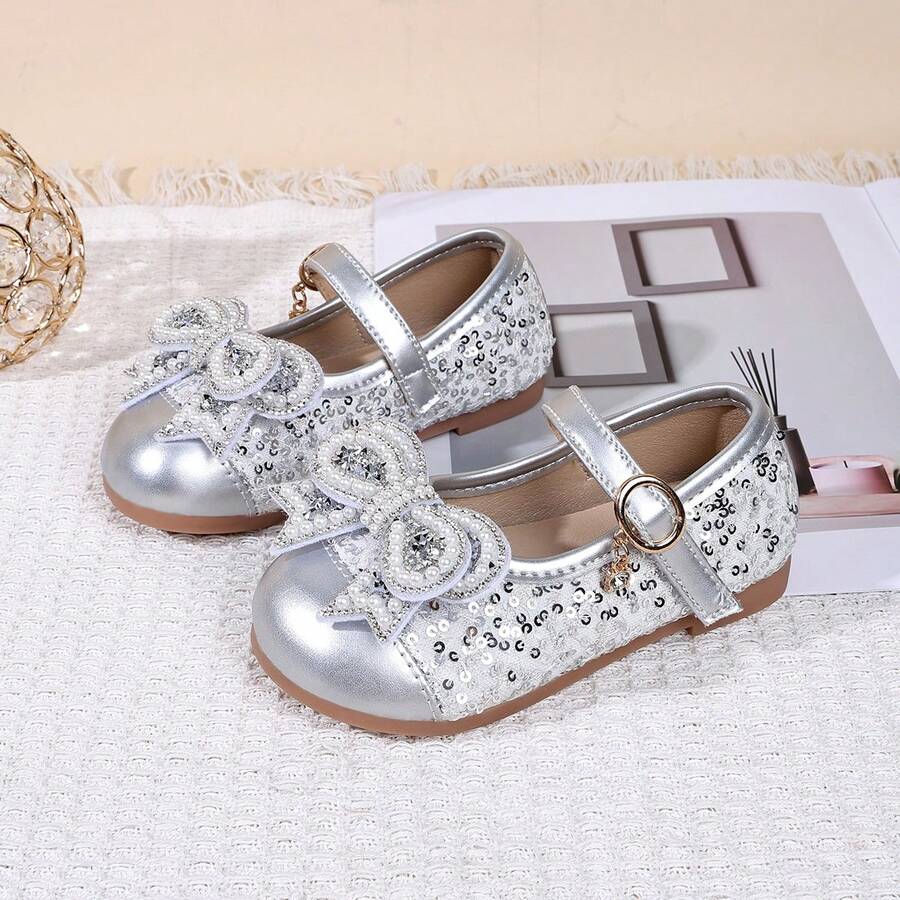 1 Pair 2026 New Girls' Mary Jane Princess Shoes, Rhinestone Bow Pearl ...