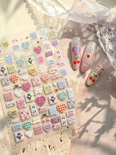 1pc/2pcs 5D Embossed Dopamine Heart Nail Stickers Y2K Waterproof Self-Adhesive Floral Women's DIY Decorative Stickers For Phone Case, Camera, Water Cup, Makeup Mirror