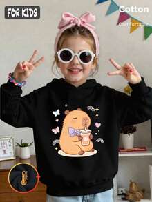 Autumn Girls Hoodie With Cute Capybara Print, Butterfly Rainbow Heart Decor, Long Sleeve Pullover - Black - View 2