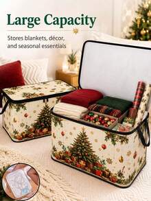 Open-Top Rustic Christmas Tree Storage Basket, Hand-Painted Pine Tree, Snowflake And Star Pattern, Red Black Silver Color Scheme, Vintage Winter Holiday Design, Foldable With Handle Storage Bin, Home Organization Use - Multicolor - View 11