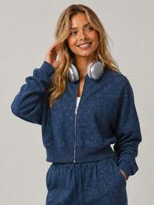 Women's Navy Blue Fashion Pattern Zipper Short Flight Jacket Sweatshirt, Ribbed Hem Long Sleeve Top Outerwear, Suitable For Sports, Fitness, Street Casual, Home Wear - Royal Blue - View 7