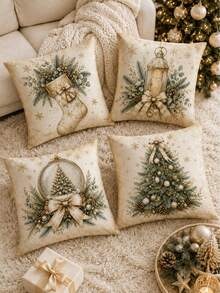 4pcs Elegant Christmas Pillow Covers, Champagne Gold Christmas Tree, Lantern, Crystal Ball And Christmas Stocking Print, Suitable For Sofa Bedroom Holiday Home Decor, Pillow Insert Not Included - Multicolor - View 1
