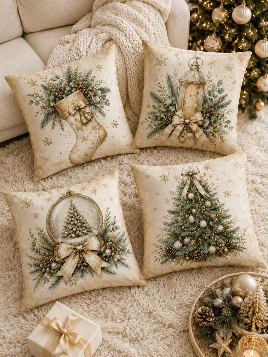 4pcs Elegant Christmas Pillow Covers, Champagne Gold Christmas Tree, Lantern, Crystal Ball And Christmas Stocking Print, Suitable For Sofa Bedroom Holiday Home Decor, Pillow Insert Not Included - Multicolor - View 1