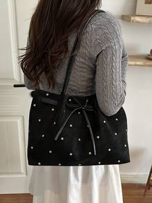 Solid Color Faux Suede Polka Dot Large Capacity Vintage Tote Bag Women's Bag 2026 Bowknot New Style Commuter Versatile Shoulder Handbag - Black - View 4