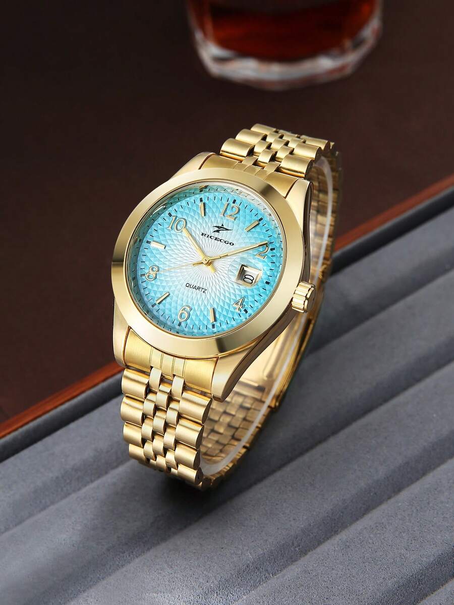 RICECGO Men's Watch With Calendar Function, Business Casual Style, Round Dial Quartz Watch, Suitable For Daily Wear, Perfect Gift Choice - Gold - View 1