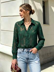 Women's Pure Green Sheer Embroidered Shirt, Collared Long Sleeve Button Front Blouse For Business, Office, Commute, Holiday, Daily, Spring Fall Winter - Dark Green - View 10