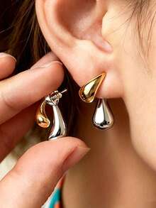 rundraw 1 Pair Hypoallergenic Water Drop Color Block Gold & Silver Stud Earrings, Minimalist Elegant, Versatile For Daily, Party, Beach, Gift - Multicolor - View 4