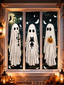 6pcs (3 Complete Ghost Patterns) - Large Halloween Ghost Window Decals, Halloween Window Stickers, Vintage Ghost, Evil Ghost, Bat Ghost, Reusable Window Decals, Suitable For Halloween Autumn Party Supplies, Home Glass Decoration, Halloween Window Decoration Stickers, Pumpkin And Ghost Patterns, Party Decoration - Multicolor - View 2