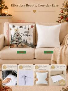 Christmas Tree Holly Ball Illustration Pattern Cushion Cover 4pcs Set, Single-Sided Printed Peach Skin Velvet Polyester Material, 45*45CM Pillowcase For Modern Fabric Sofa Indoor Decoration, Party Decor, Gift Giving - Multicolor - View 3