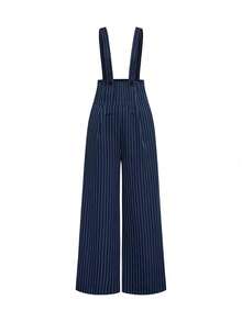 RNU Women's Navy Striped French Elegant Jumpsuit, High Waist Straight Wide Leg Loose Fit, Versatile For Daily & Office, Spaghetti Strap Overalls - Royal Blue - View 8
