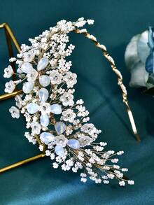1pc Handmade Rhinestone Flower Crystal Beaded Headband, Fashionable Charming Wedding Bridal Hair Accessory, Women's Daily Party Headpiece - Gold - View 8