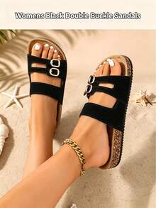 Women's Retro Metal Buckle Suede Cork Slippers, Versatile Open Toe Beach Sandals, Comfortable & Breathable, Adjustable Strap For Narrow Feet, Summer Birkenstocks, Birthday Gift - Black - View 2