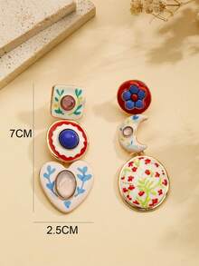 1 Pair Exaggerated Vintage Design Rhinestone Heart Pendant Multi-Layer Earrings With Floral And Geometric Elements, Women's Ear Jewelry Suitable For Daily Wear, Party And Music Festival - Multicolor - View 4