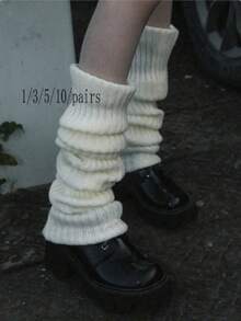 1 Pair Women's Solid Vertical Striped Warm Decorative Cute Leg Warmers, Suitable For Spring, Autumn And Winter - White - View 7