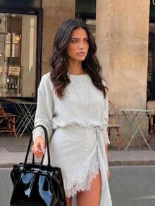 Women's Elegant 2 Pieces Set, Contrast Color Lace Detail Round Neck Long Sleeve Top With Bodycon Mini Skirt, Casual Cute Style Spring/Autumn Women's 2 Pieces Set - Dusty Blue - View 5