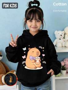 Autumn Girls Hoodie With Cute Capybara Print, Butterfly Rainbow Heart Decor, Long Sleeve Pullover - Black - View 1